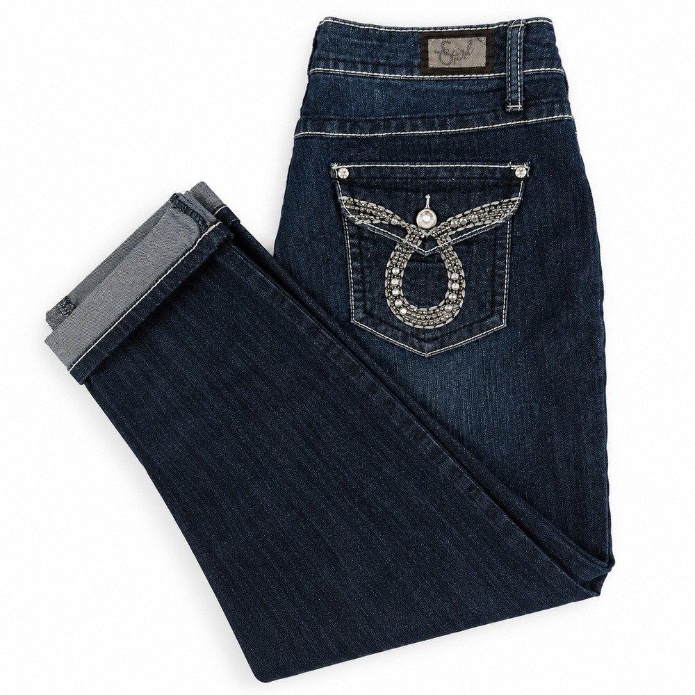 Earl Jean Embellished Capri Jeans Women Size 12 Dark Wash Rhinestone Cuffed